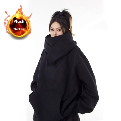 Loose High Collar Fleece-Lined Hoodie – Warm Winter Sweater - Freshdropps