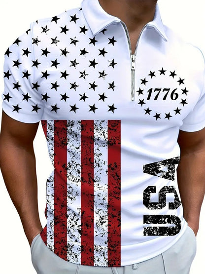 Men's 3D Digital Print Zip-Up Polo Shirt - Freshdropps